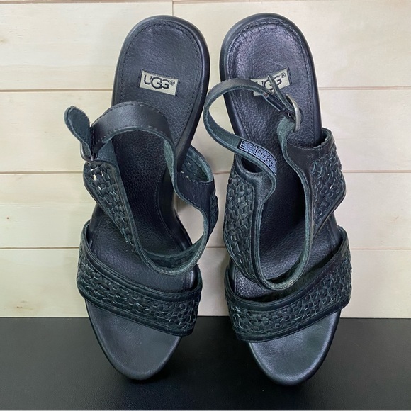 UGG Asia Platform Wedge Sandals Women's Size 9.5 Shoes Black Leather Weave - Picture 8 of 11